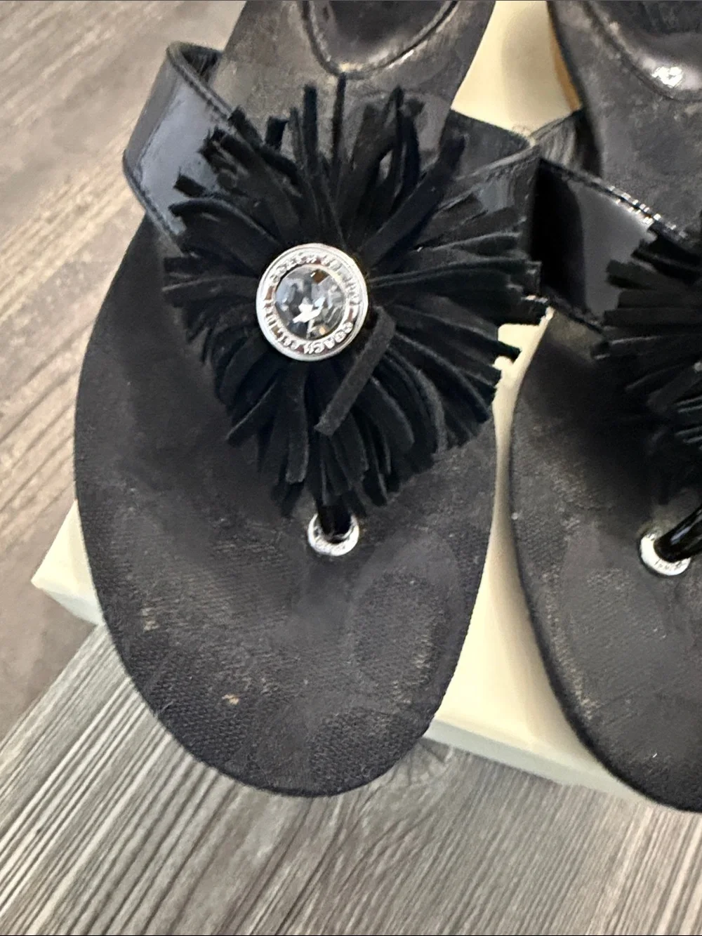 Coach Black Signature Logo Thong Sandals with Gem Accent Size 8